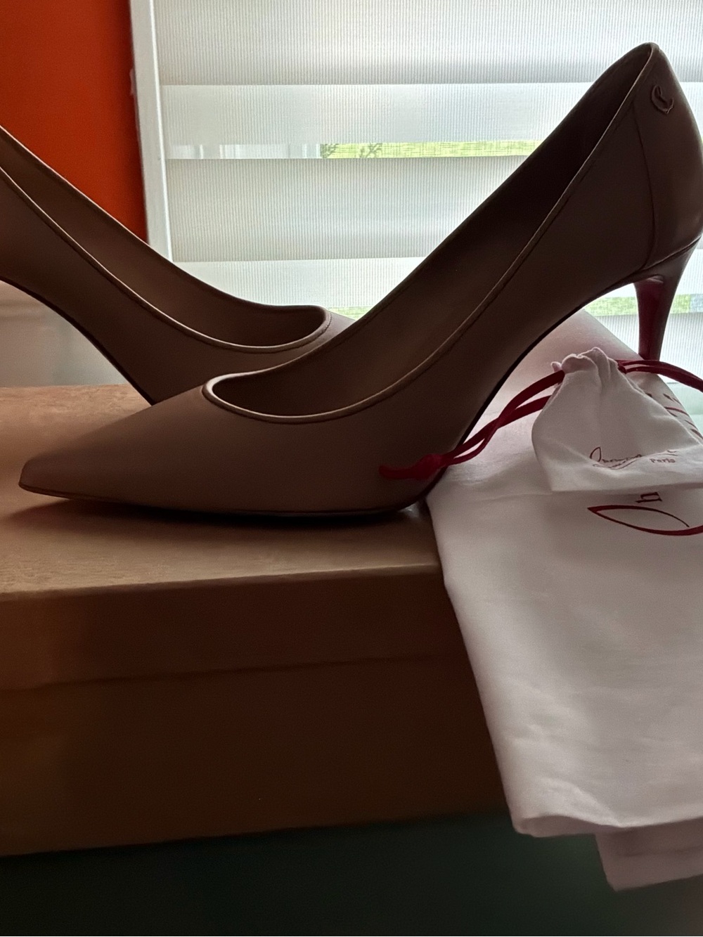 Christian Louboutin Taupe Pointed-Toe Pumps with Signature Red Heel